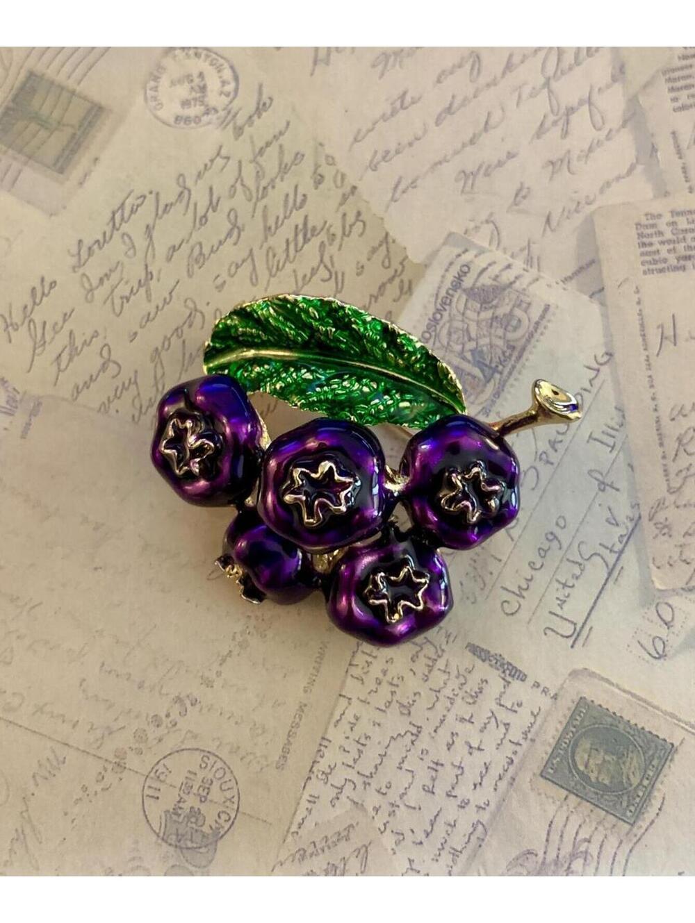 Elegantly Enameled Purple Blueberries Botanical Cluster Fashion Accessory Brooch